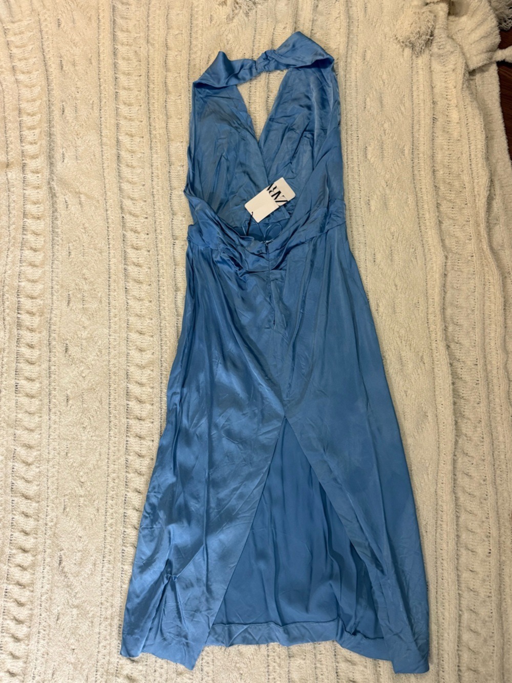 Zara Satin Effect Midi Dress Blue Plunge Wrap Halter Blogger Favorite XXL NWT - Picture 8 of 16